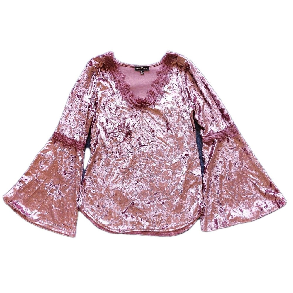 Almost Famous Womens XL Crushed Velvet Top Bell Sleeve Boho Festival Y2K Mauve